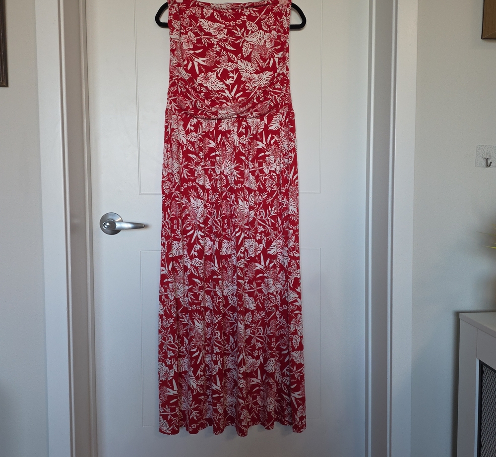Red Floral Strapless Maxi Skirt - White Botanical Print